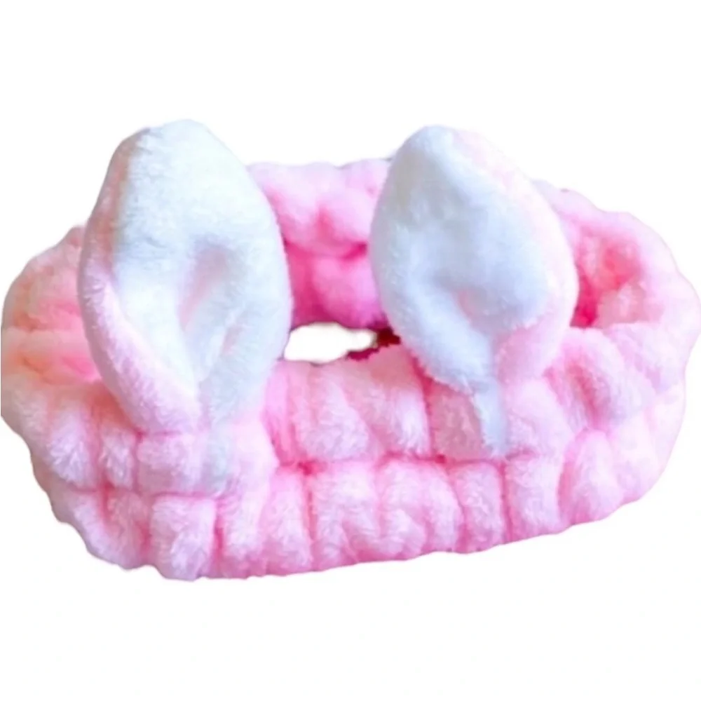 Makeup Headband Pink Bunny Ears Soft Plush Skincare Headband Spa Headband
